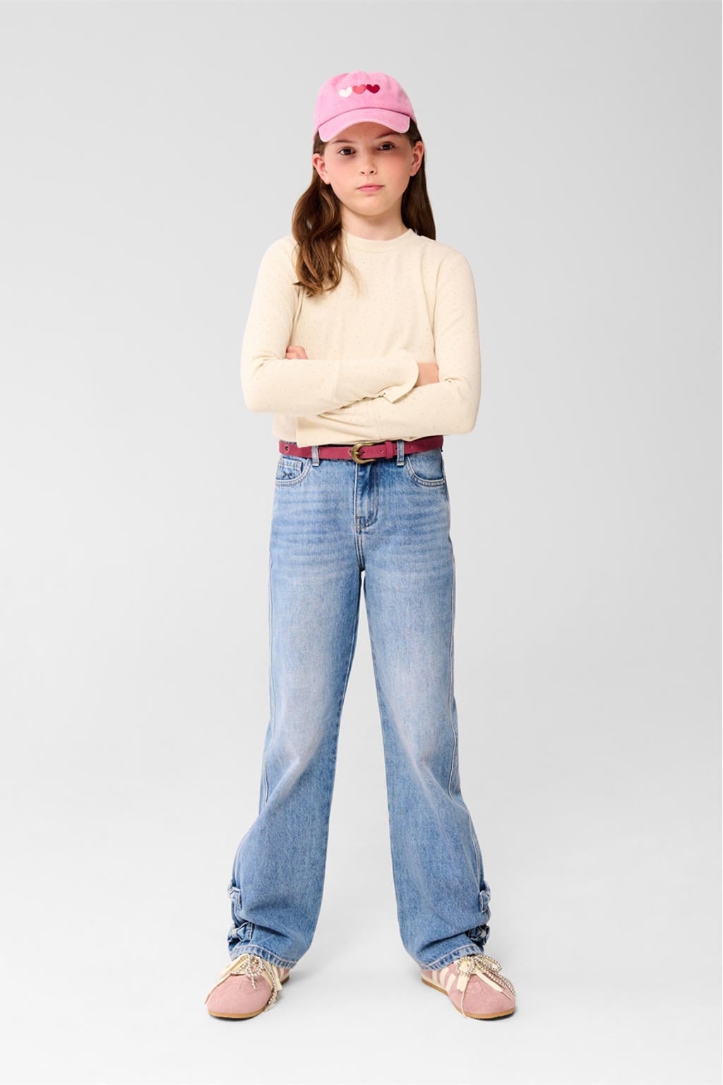 Blauwe meisjes Shoeby regular high waist straight leg jeans van katoen met rits- en knoopsluiting en effen