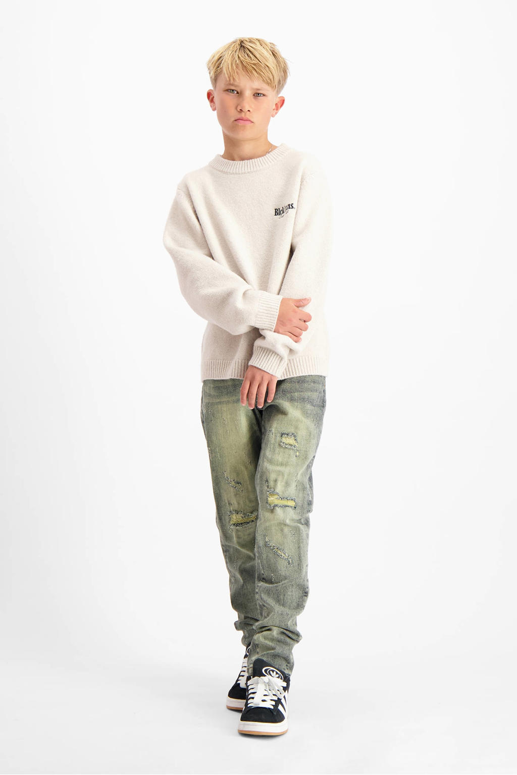Beige jongens BLACK BANANAS gebreide trui van polyester met effen, lange mouwen en ronde hals