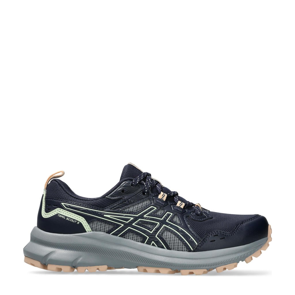 Donkerblauw en groene dames ASICS Trail Scout 3 hardloopschoenen van mes-pu/voering: mesh/voetbed: eva met veters