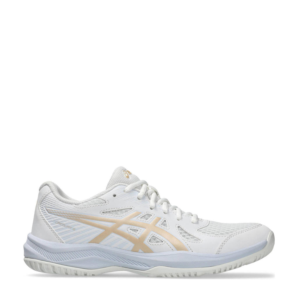 Wit, champagne en lichtblauwe dames ASICS Upcourt 6 zaalsportschoenen van mesh-pu/voering: mesh/ovetbed: eva met veters
