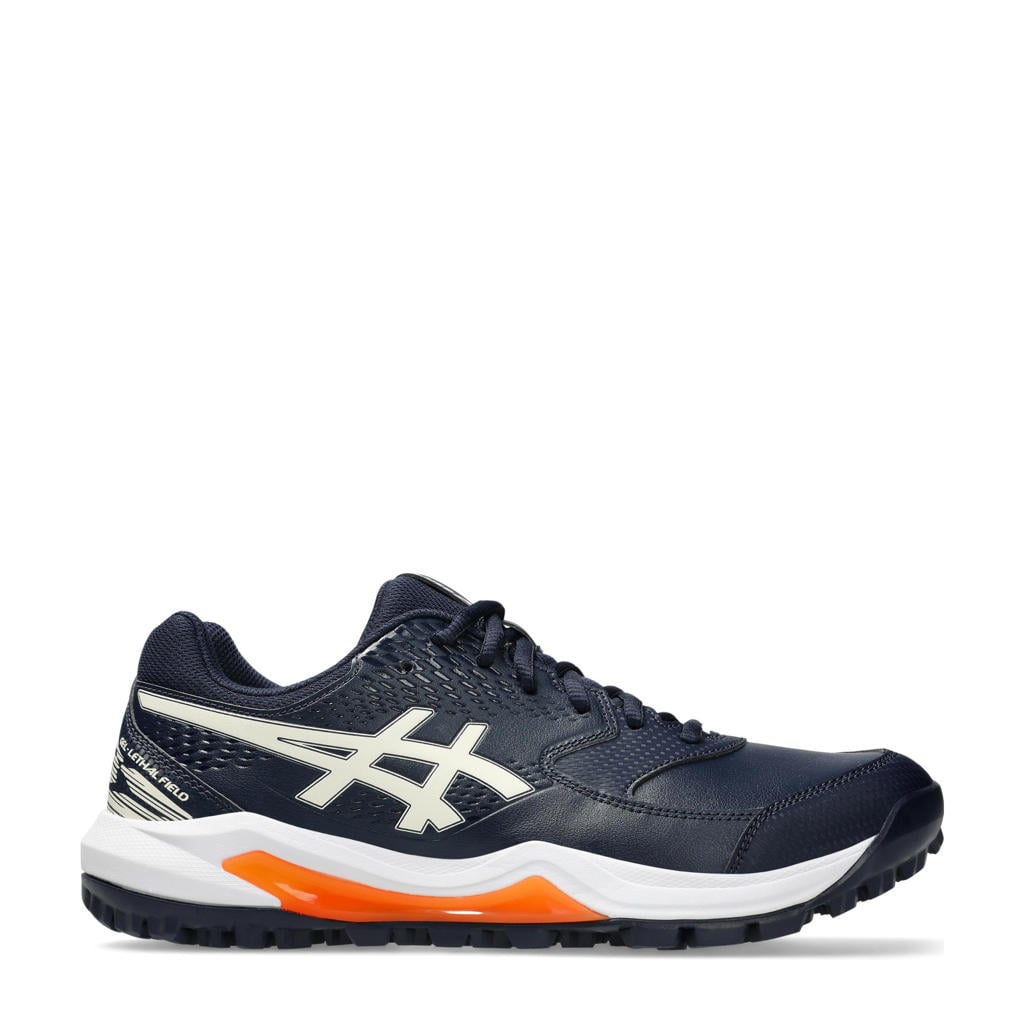 Donkerblauw, ecru en oranje dames ASICS Gel-Lethal Field 2 hockeyschoenen van mesh-pu/voering: mesh/voetbed: eva met veters