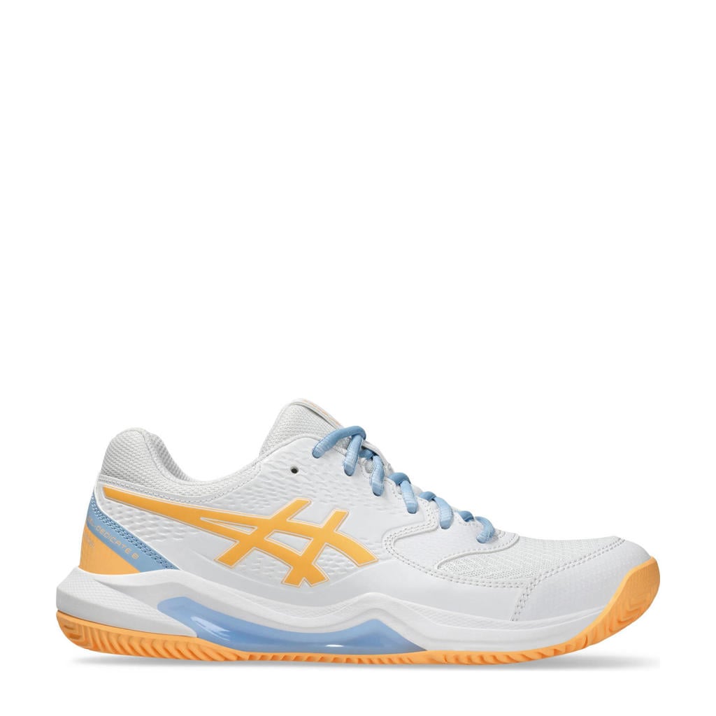 Wit, oranje en lichtblauwe dames ASICS Gel-Dedicate 8 padelschoenen van imitatieleer/voering: mesh/voetbed: eva met veters