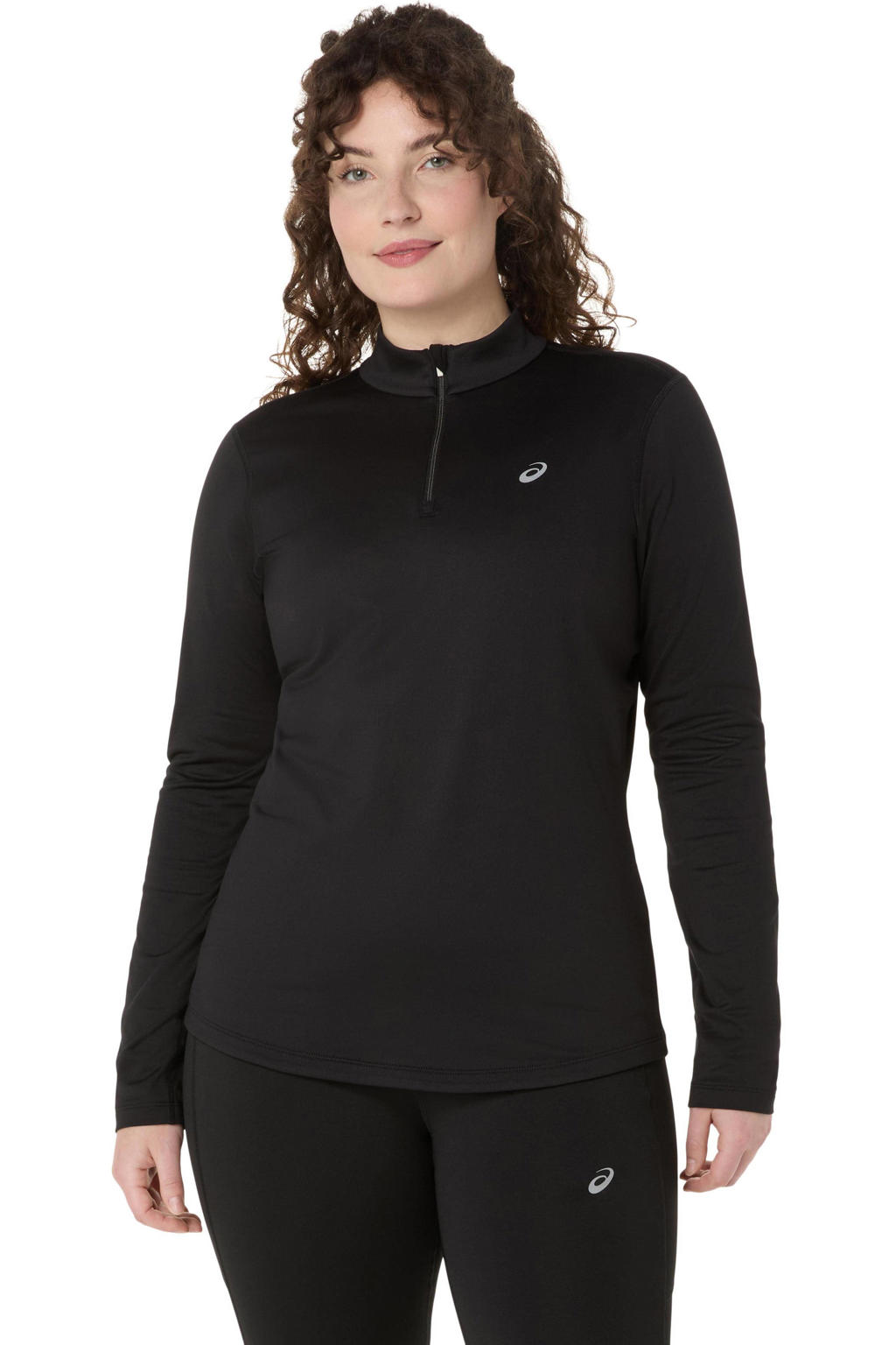 Zwarte dames hardloopshirt Core winter met effen, lange mouwen, opstaande kraag en halve rits