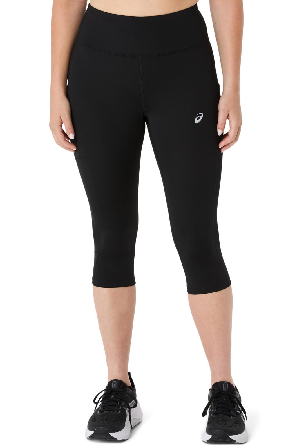 Zwarte dames sportcapri van polyester met slim fit, regular waist en elastische tailleband met koord