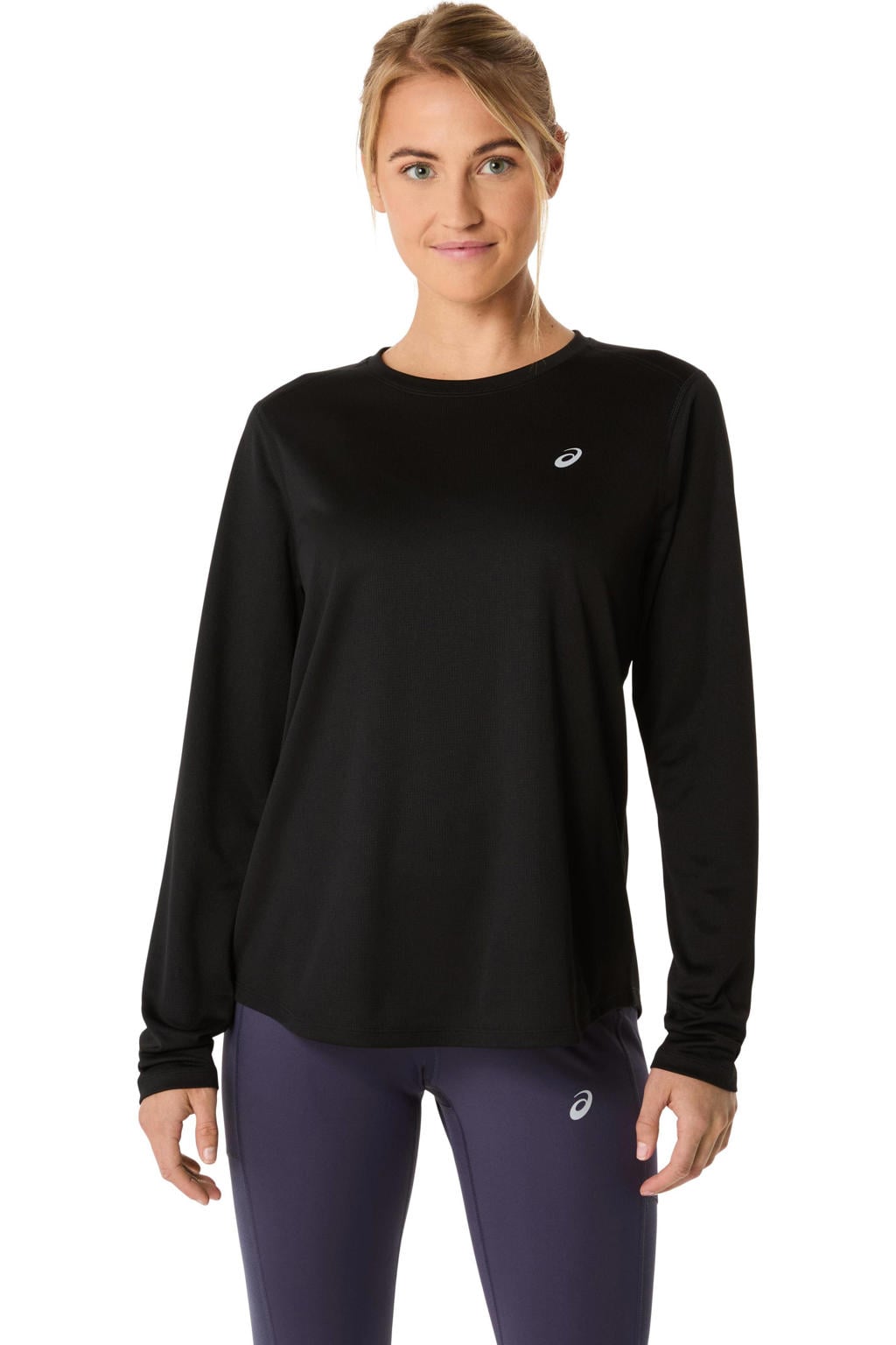 Zwarte dames hardloopshirt Core van polyester met effen, lange mouwen en ronde hals