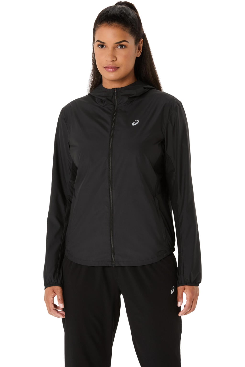Zwarte dames hardloopjack Core van polyester met effen, lange mouwen, capuchon en ritssluiting