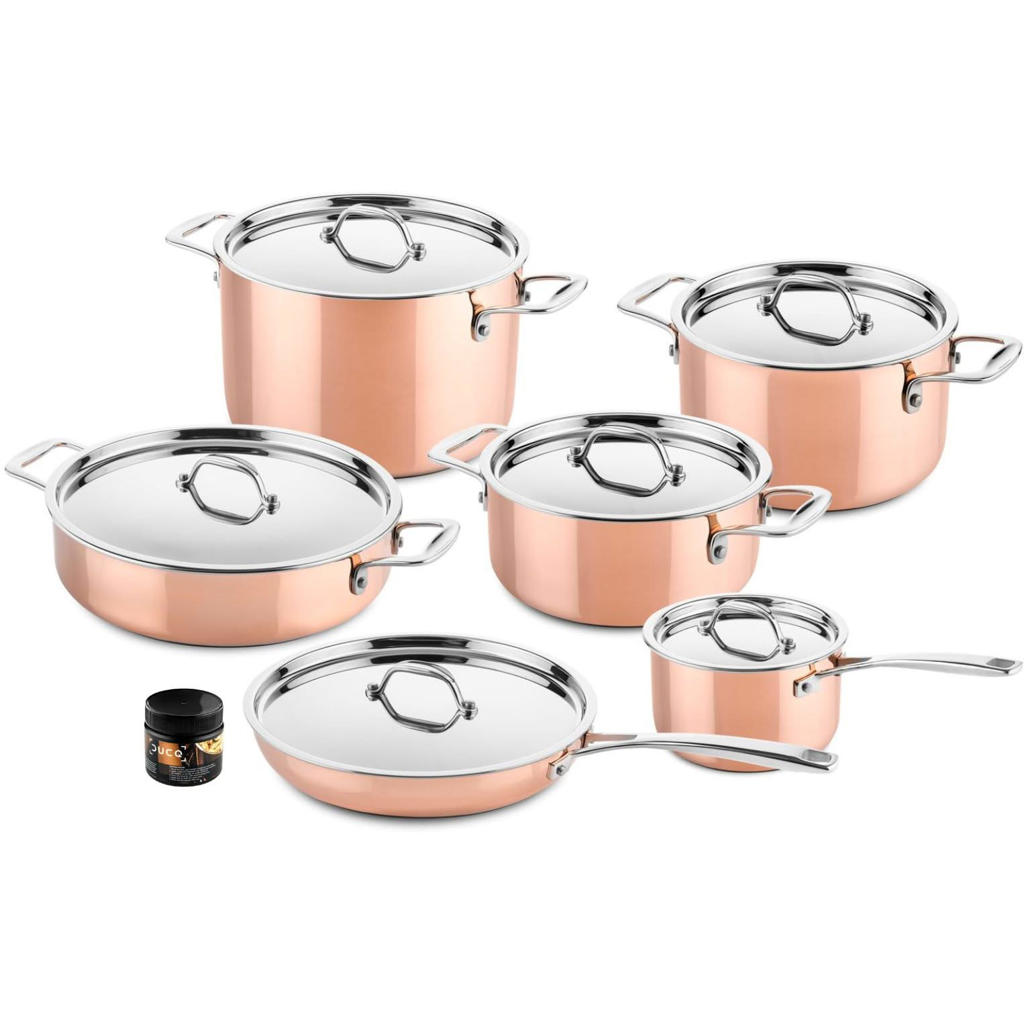 DUCQ Pannenset Koper 6-Delig - Kookpan ø 20, 20, 24 cm & Steelpan ø 16 cm & Braadpan ø 28 cm & Koekenpan ø 26 cm + Deksels