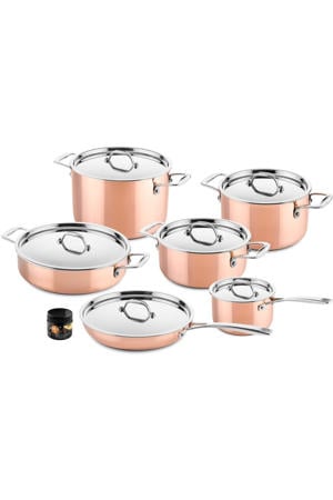 Pannenset Koper 6-Delig - Kookpan ø 20, 20, 24 cm & Steelpan ø 16 cm & Braadpan ø 28 cm & Koekenpan ø 26 cm + Deksels