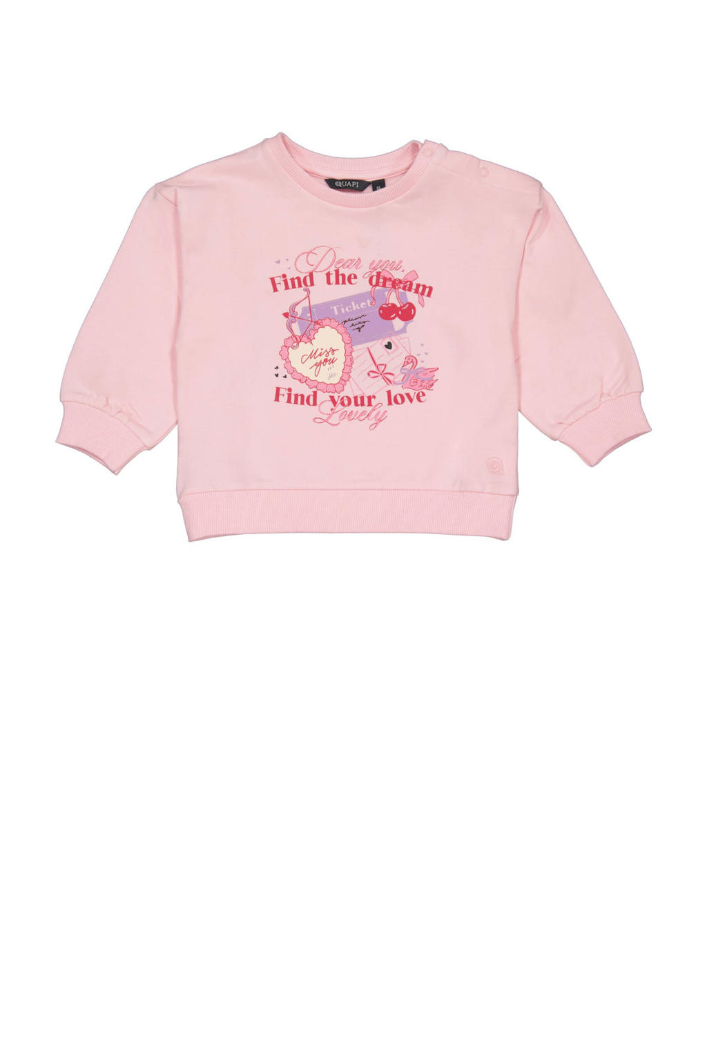 Roze meisjes Quapi Mini sweater van katoen met printopdruk, lange mouwen, ronde hals, drukknoopsluiting en elastische boord