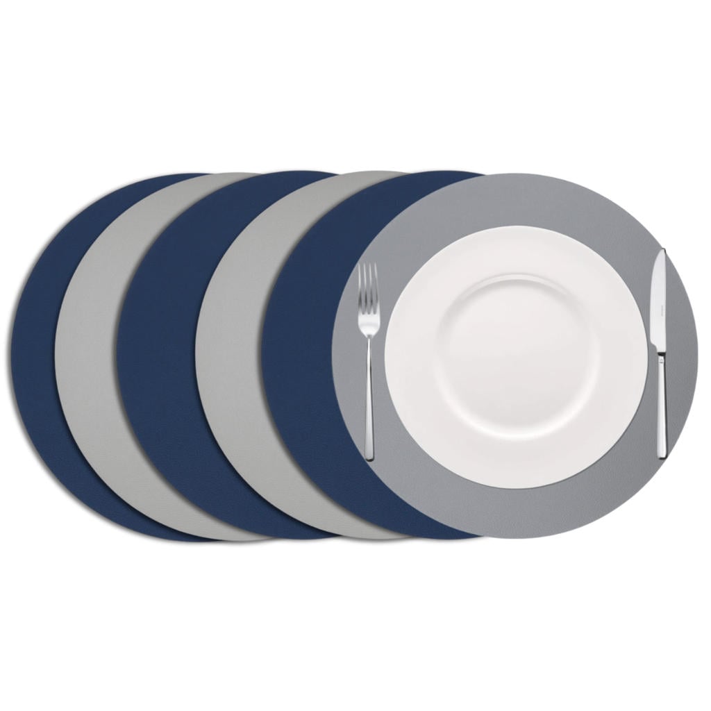Cookinglife Placemats - Dubbelzijdig - Vegan leer - Grijs / Blauw ø 38 cm - 6 Stuks