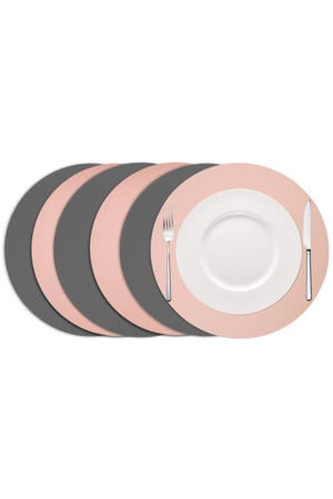 Placemats - Dubbelzijdig - Vegan leer - Grijs / Roze ø 38 cm - 6 Stuks