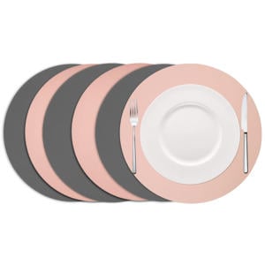 Placemats - Dubbelzijdig - Vegan leer - Grijs / Roze ø 38 cm - 6 Stuks