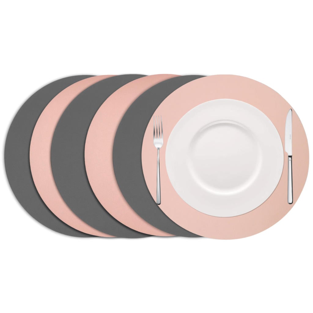Cookinglife Placemats - Dubbelzijdig - Vegan leer - Grijs / Roze ø 38 cm - 6 Stuks