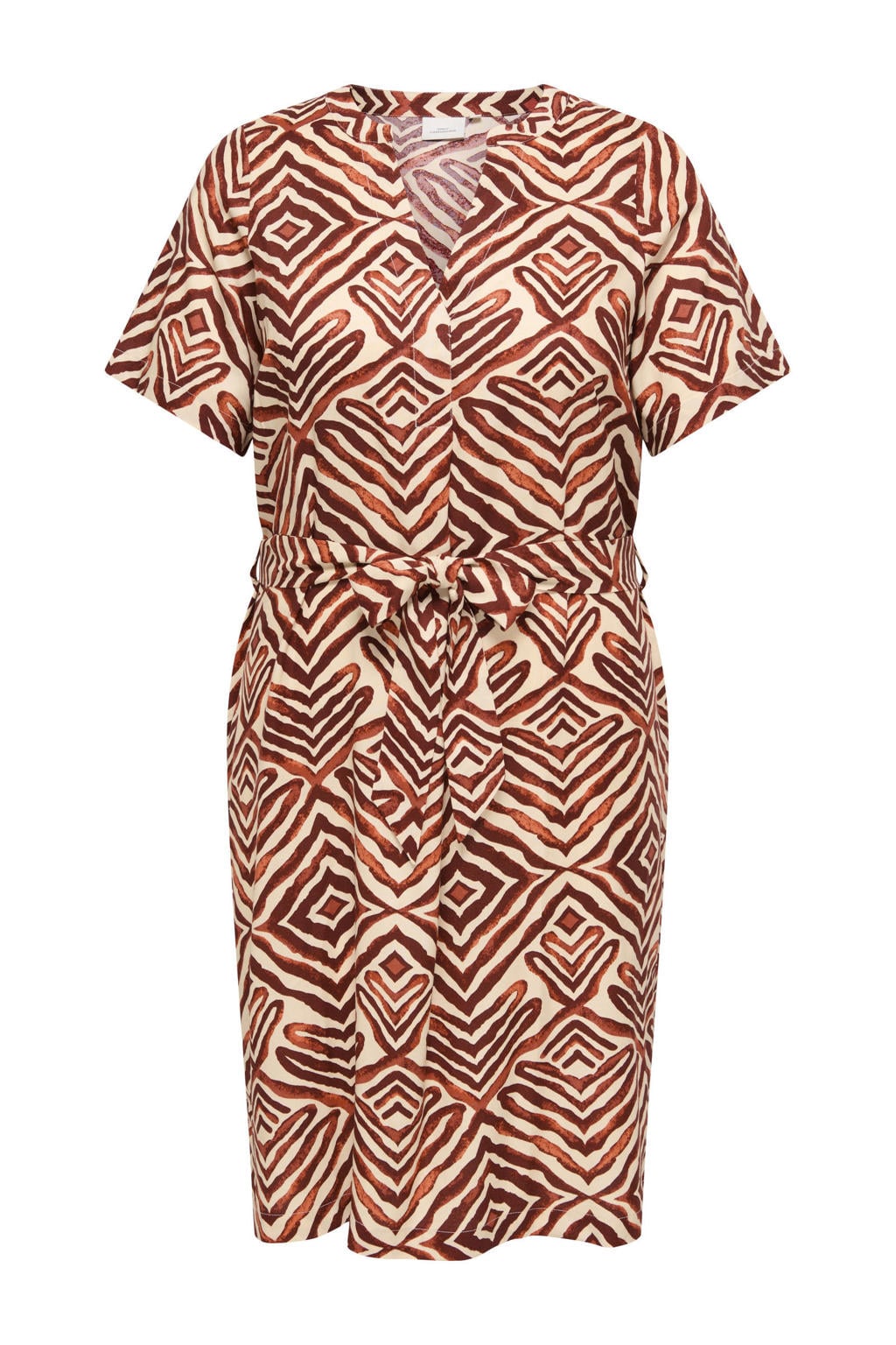 Oranje, bruin en ecru dames ONLY CARMAKOMA zomerjurk van viscose met korte mouwen, V-hals en ceintuur