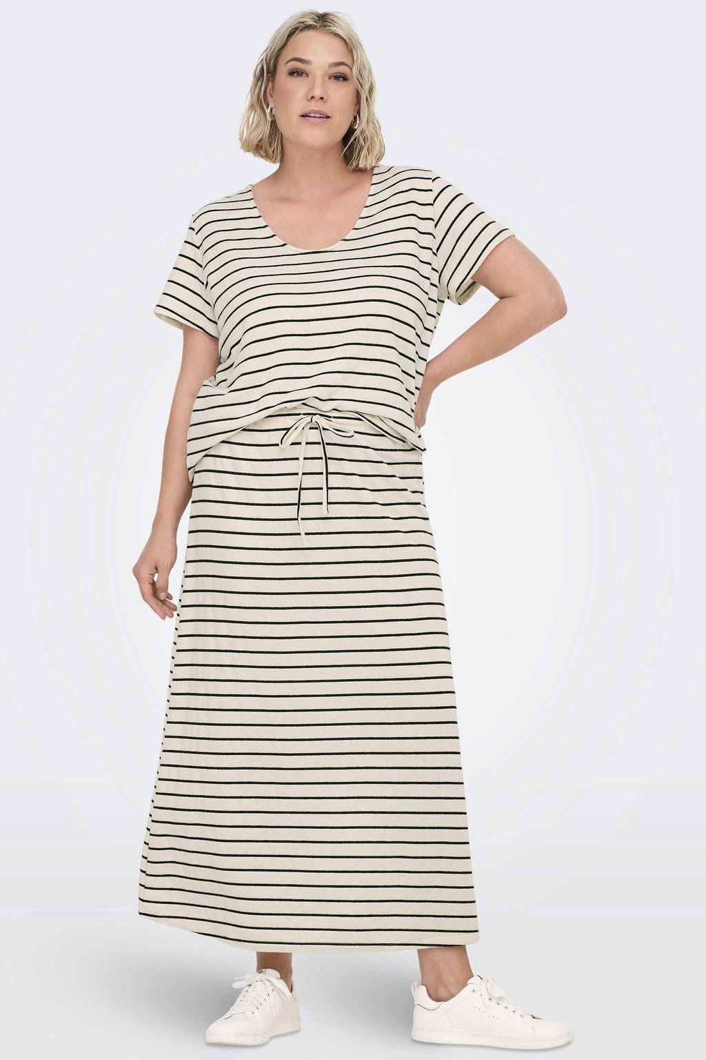 Ecru en zwarte dames ONLY CARMAKOMA A-lijn rok gemaakt van polyester en met elastische tailleband met koord