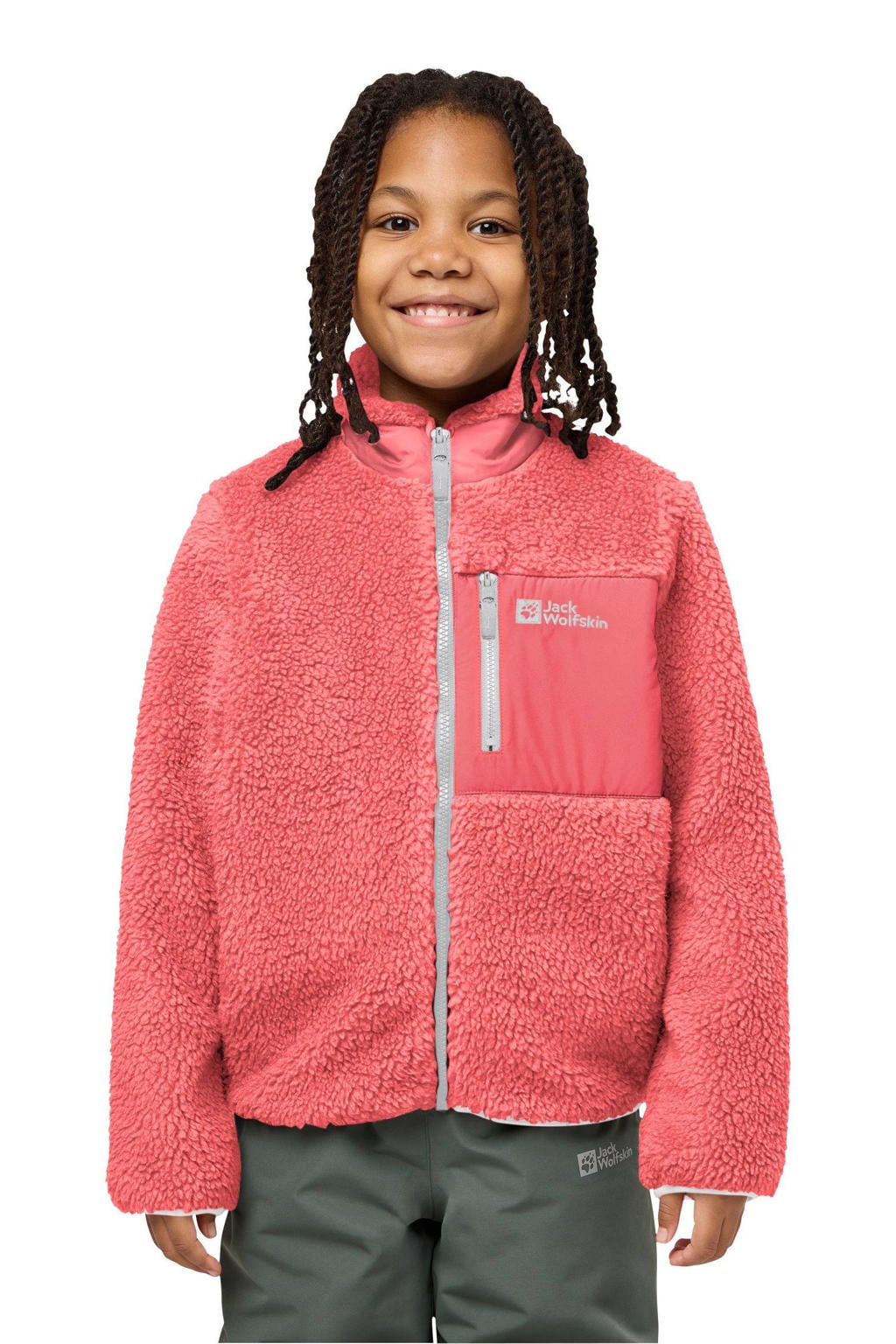 Koraalrode jongens en meisjes Jack Wolfskin teddy fleece vest Ice Curl met meerkleurige print, lange mouwen, opstaande kraag en ritssluiting