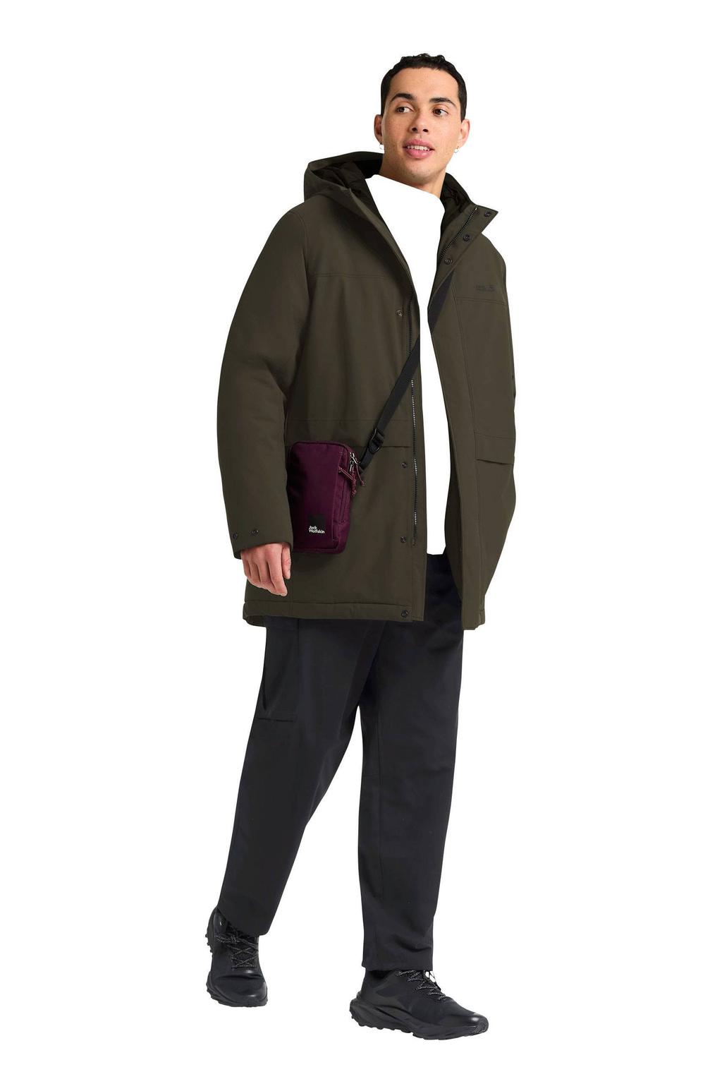 Donkergroene heren Jack Wolfskin jas Cold Camp van polyester met effen, lange mouwen, capuchon en rits met windvanger