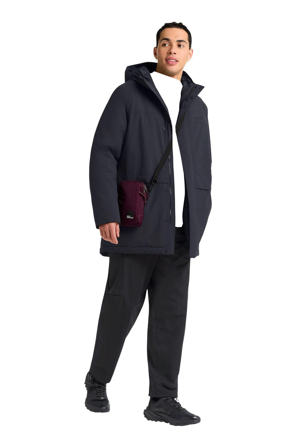 Donkerblauwe heren Jack Wolfskin jas Cold Camp van polyester met effen, lange mouwen, capuchon en rits met windvanger
