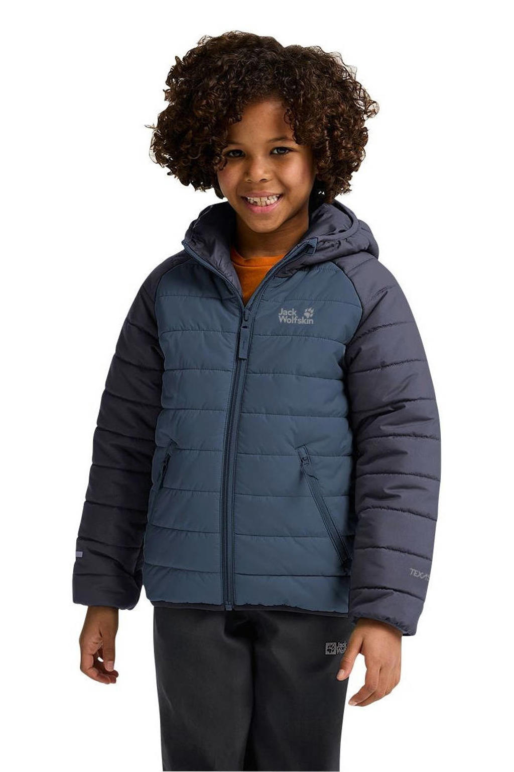 Donkerblauwe jongens en meisjes Jack Wolfskin gewatteerde jas Zenon van polyester met effen, lange mouwen, capuchon en rits waterdicht