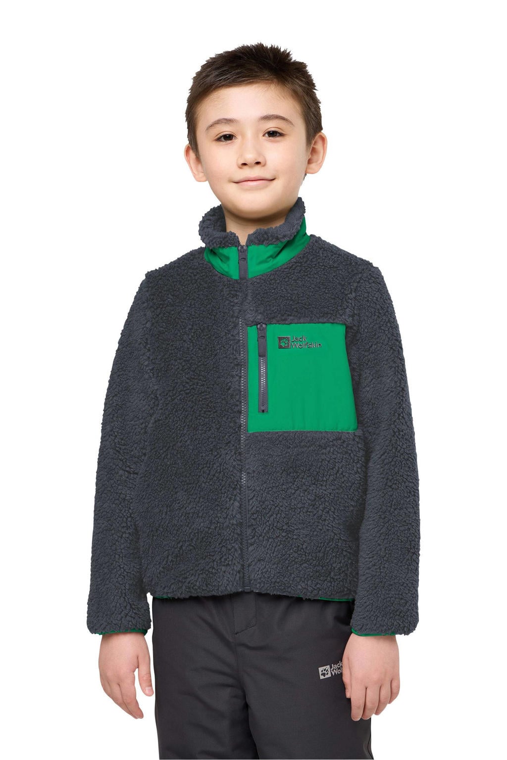 Grijs en groene jongens en meisjes Jack Wolfskin teddy fleece vest Ice Curl met meerkleurige print, lange mouwen, opstaande kraag en ritssluiting
