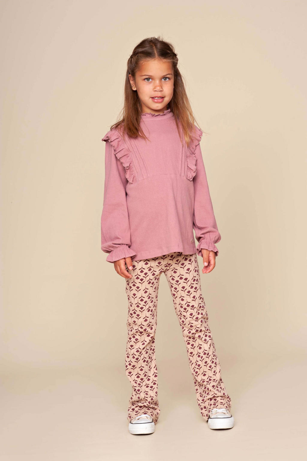 Roze meisjes LEVV regular gebloemde casual broek van katoen met elastische tailleband