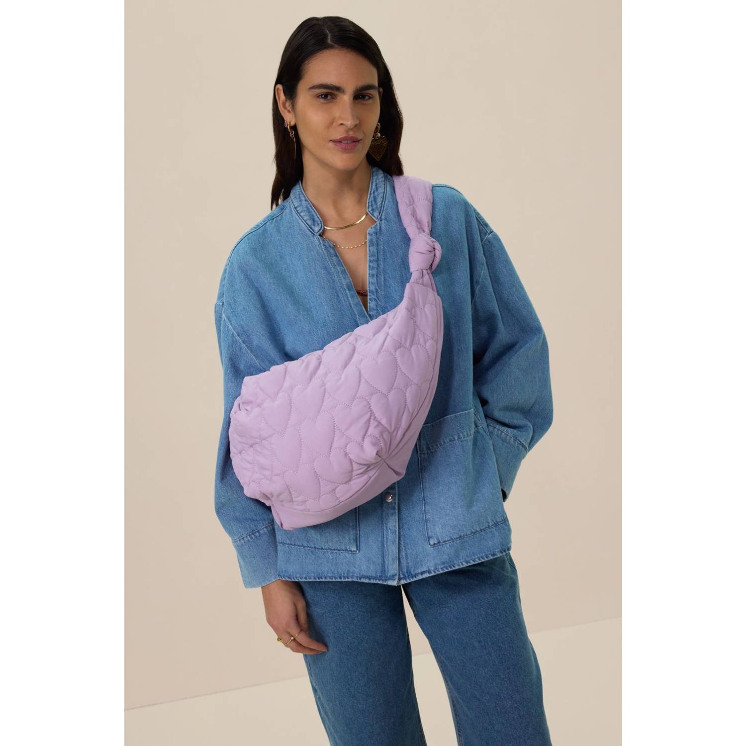 Sissy-Boy doorgestikte crossbody tas met hartjes lavendel