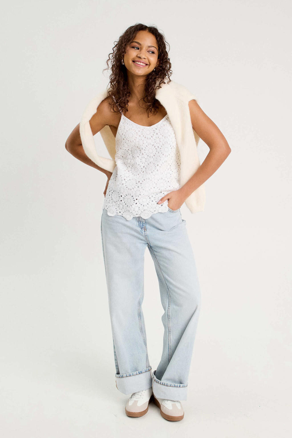 Witte dames Cache Cache mouwloze top crochet met effen en V-hals