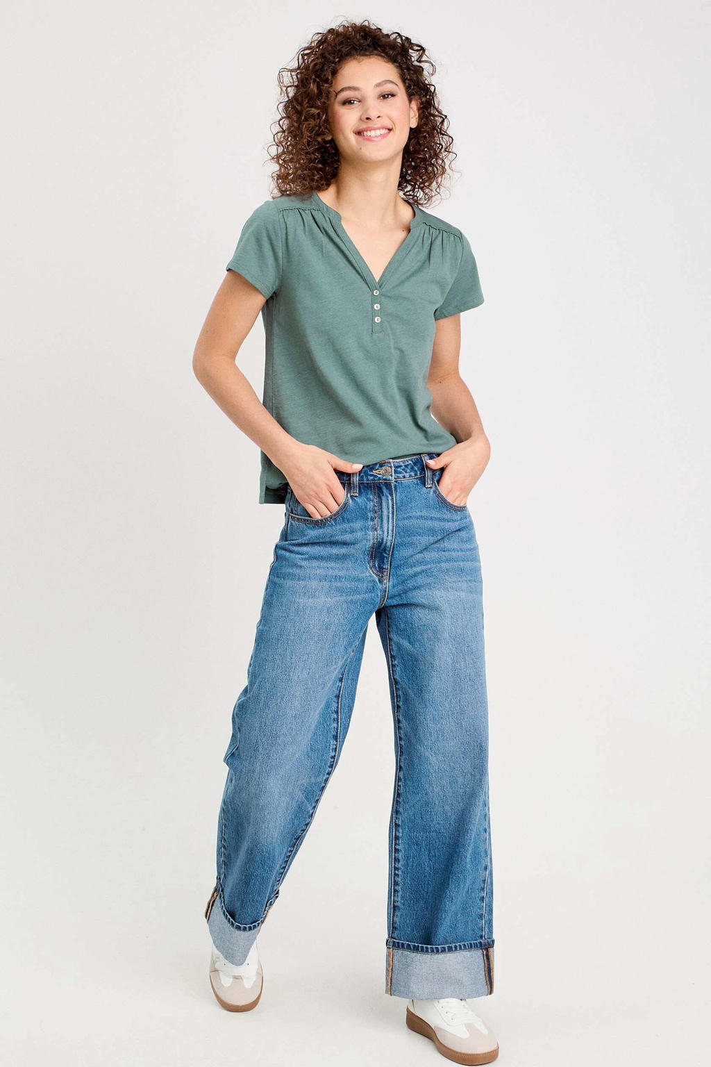 Groene dames Cache Cache top met effen, korte mouwen en V-hals