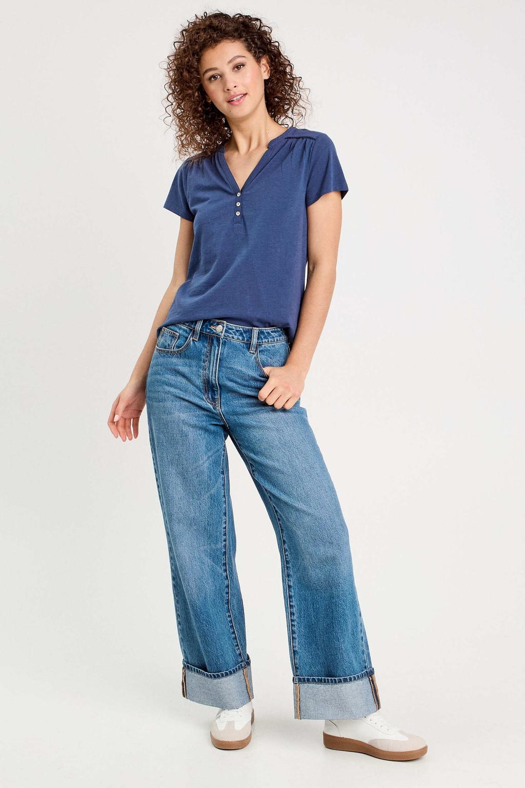 Blauwe dames Cache Cache top met effen, korte mouwen en V-hals