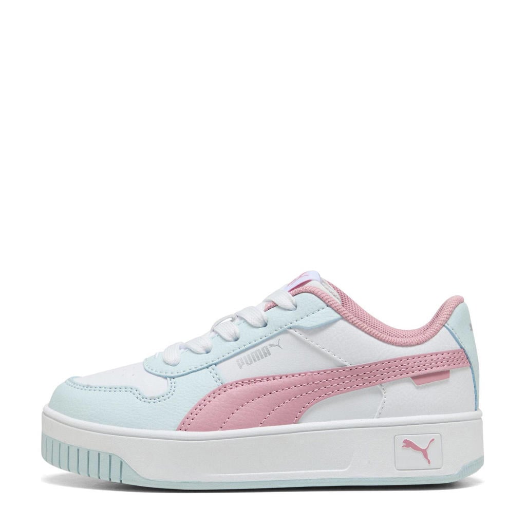 Wit en roze meisjes Puma Carina Street sneakers van leer met veters
