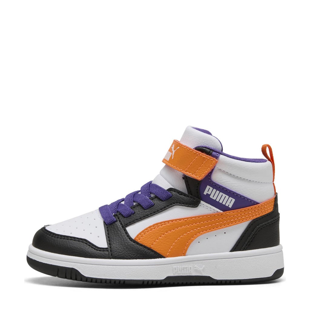 Wit, oranje en zwarte jongens en meisjes Puma Rebound V6 Mid sneakers van imitatieleer/voering: mesh/voetbed: eva met elastische veter- met klittenbandsluiting