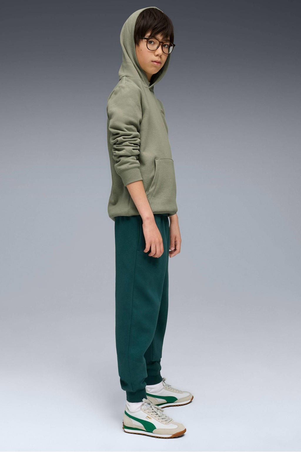Groene jongens en meisjes Puma joggingbroek van katoen met elastische tailleband en effen