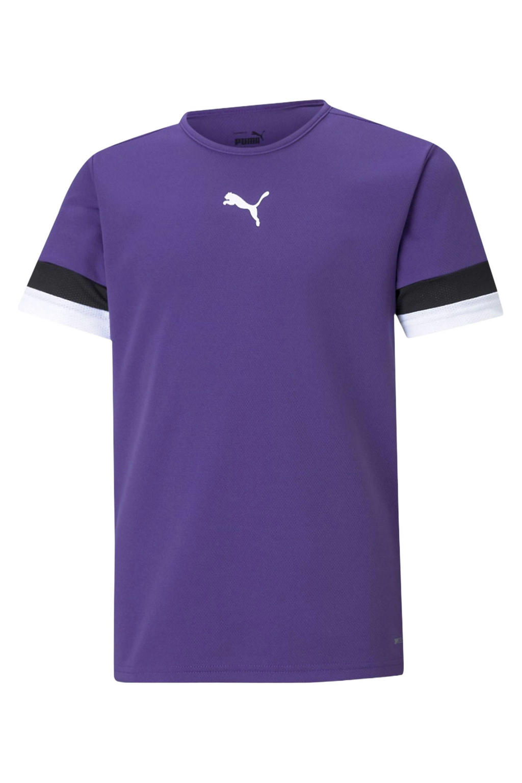 Paars en zwarte jongens en meisjes Puma junior voetbalshirt van polyester met meerkleurige print, korte mouwen en ronde hals