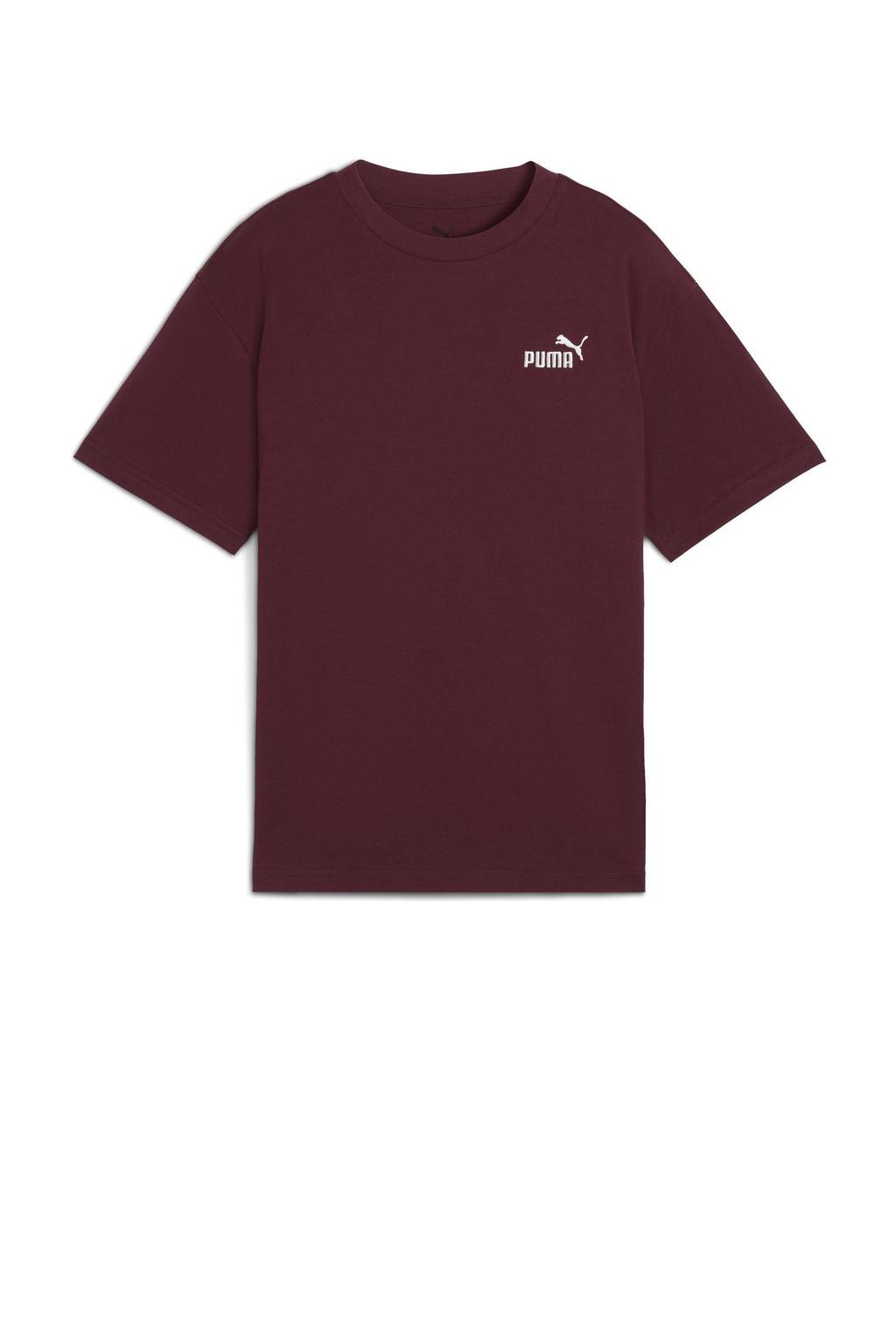 Donkerrood en witte jongens en meisjes Puma T-shirt van katoen met effen, korte mouwen en ronde hals
