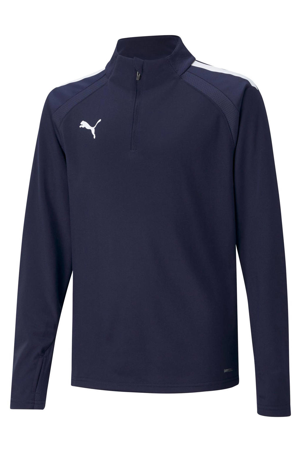Donkerblauw en witte jongens en meisjes Puma junior voetbalshirt teamLIGA van polyester met logo dessin, lange mouwen, opstaande kraag en halve rits