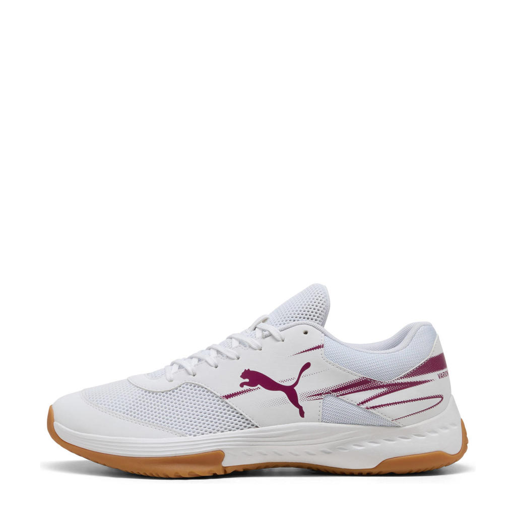 Wit en donkerpaarse unisex Puma Varion II zaalschoenen van mesh-pu/voering: mesh/voetbed: eva met veters