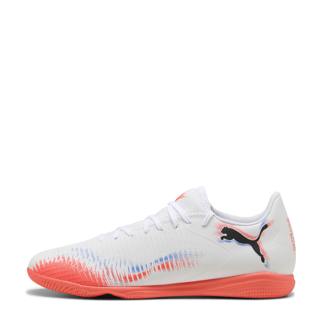 Wit, oranje en blauwe unisex Puma Future 8 Play senior zaalvoetbalschoenen met veters