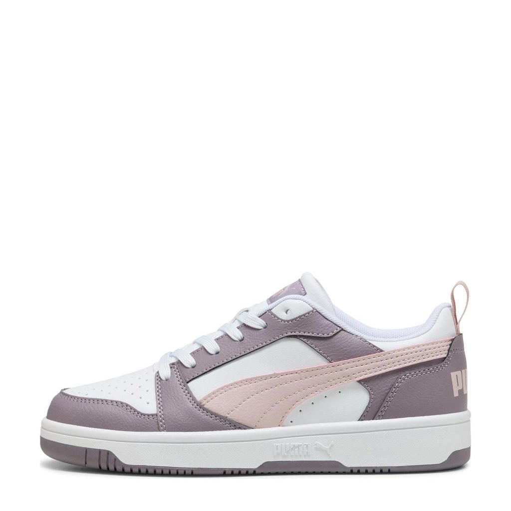 Donkerpaars, roze en witte unisex Puma Rebound V6 Low sneakers van imitatieleer/voering: textiel/voetbed: eva met veters