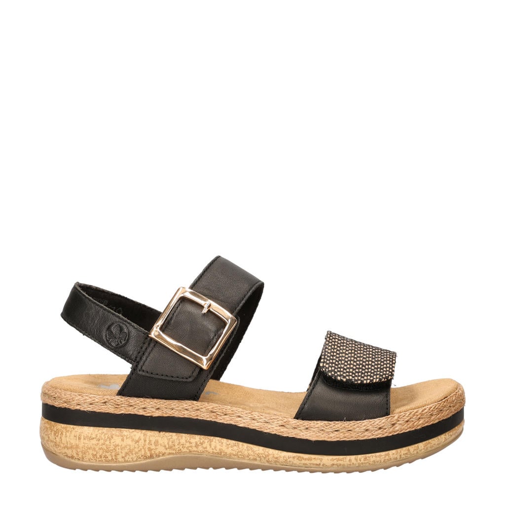 Zwarte dames Rieker sandalen met sleehak en gesp