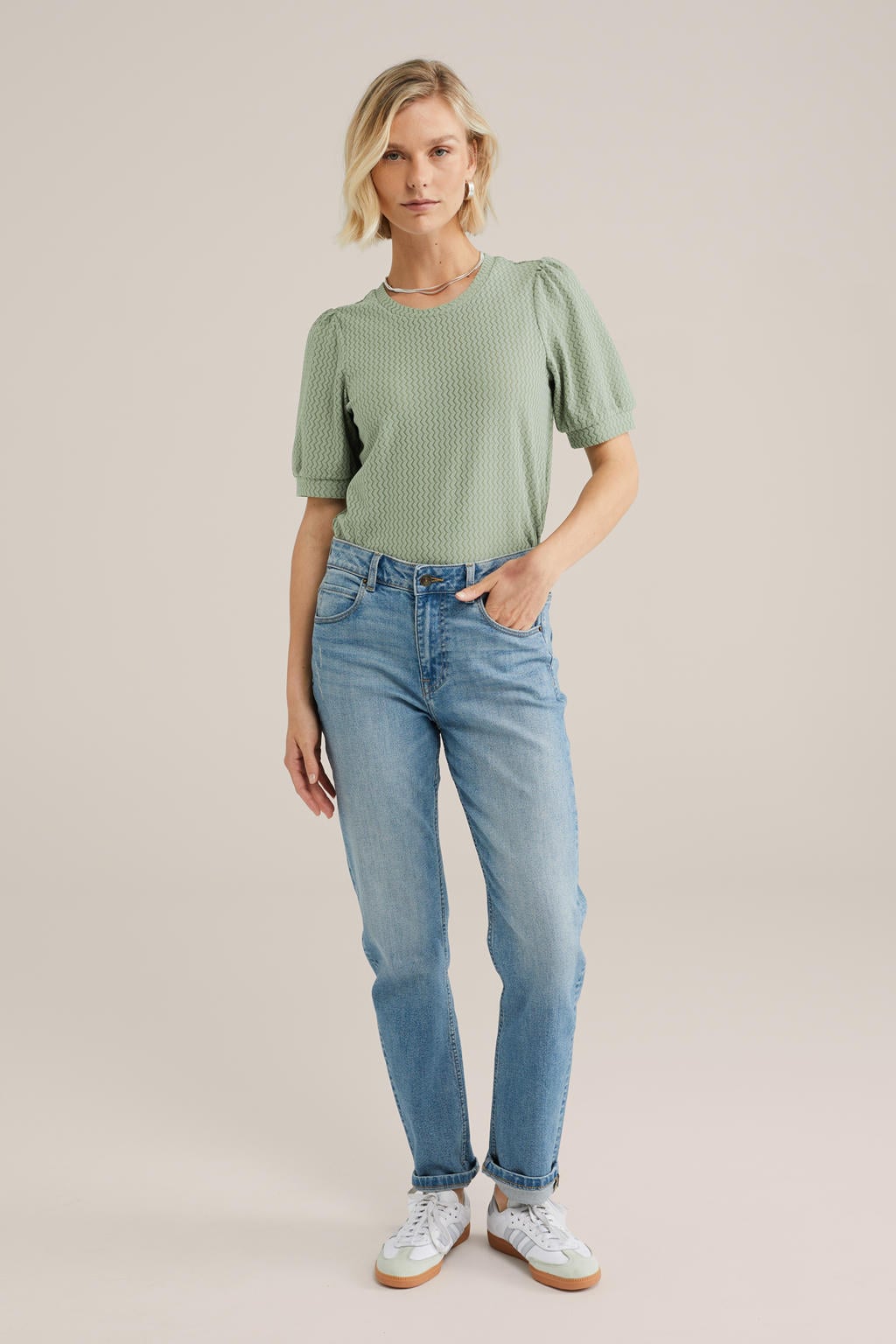 Lichtgroene dames WE Fashion top van polyester met effen, korte mouwen, ronde hals en textuur