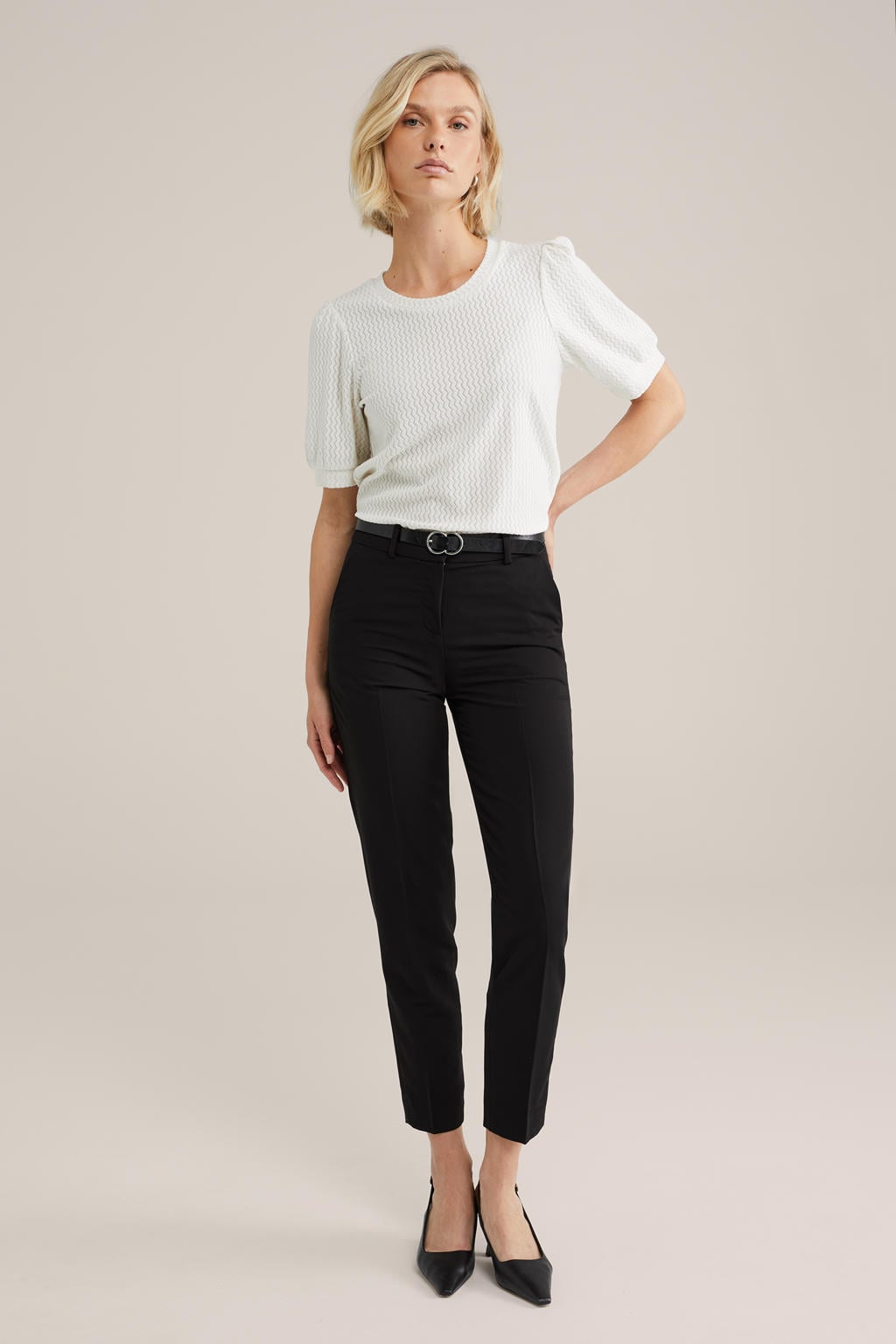 Witte dames WE Fashion top van polyester met effen, korte mouwen, ronde hals en textuur