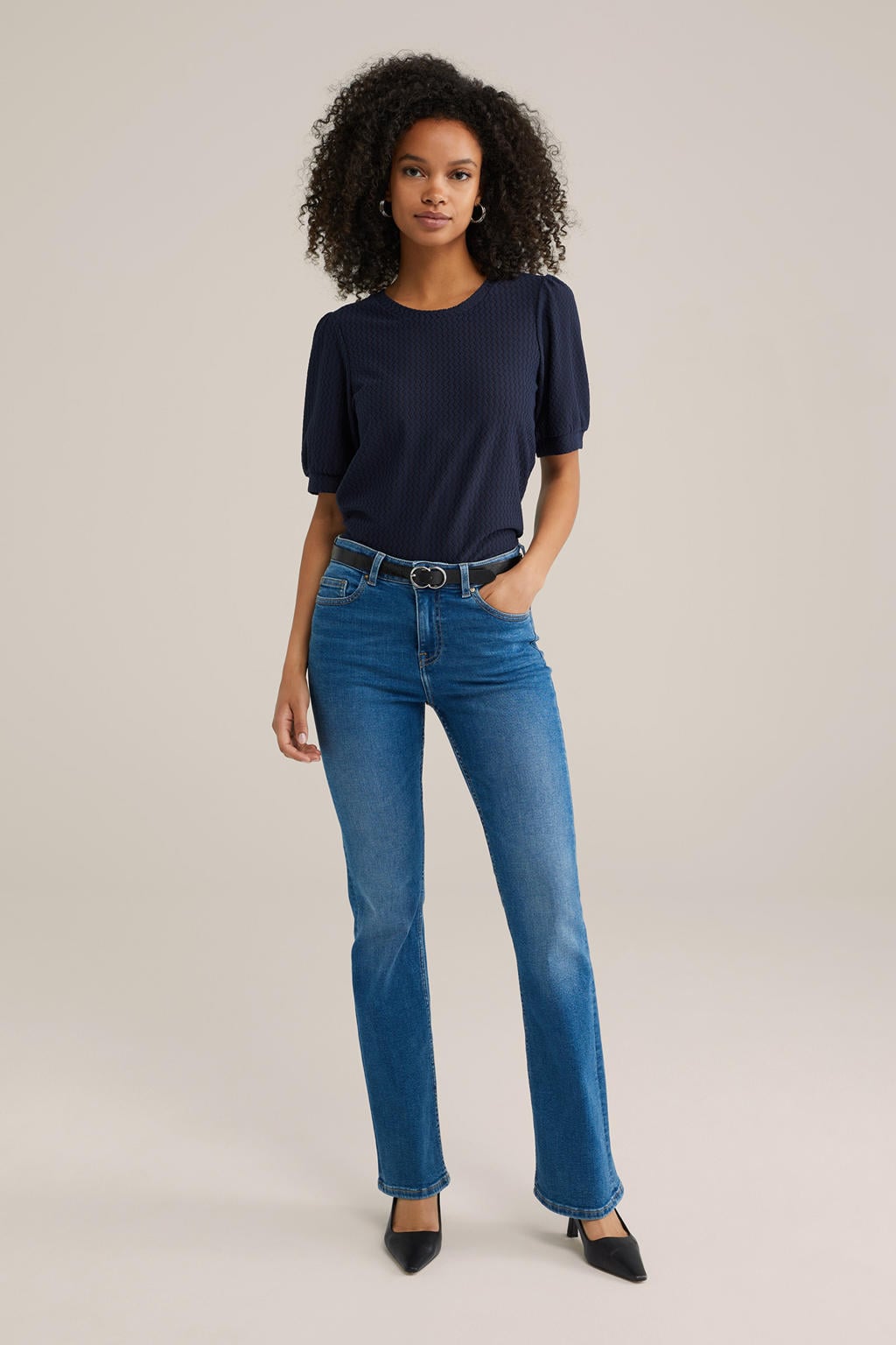 Donkerblauwe dames WE Fashion top van polyester met effen, korte mouwen, ronde hals en textuur