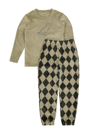   fleece pyjama met geruite print groen