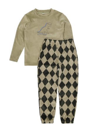 fleece pyjama met geruite print groen