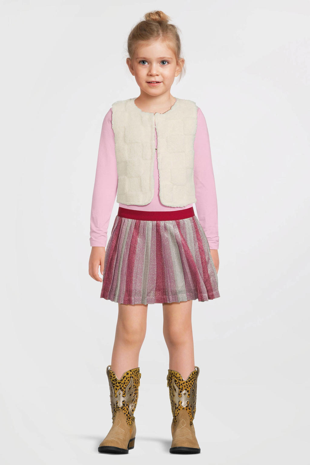 Ecru meisjes Quapi teddy gilet met effen, ronde hals en haaksluiting