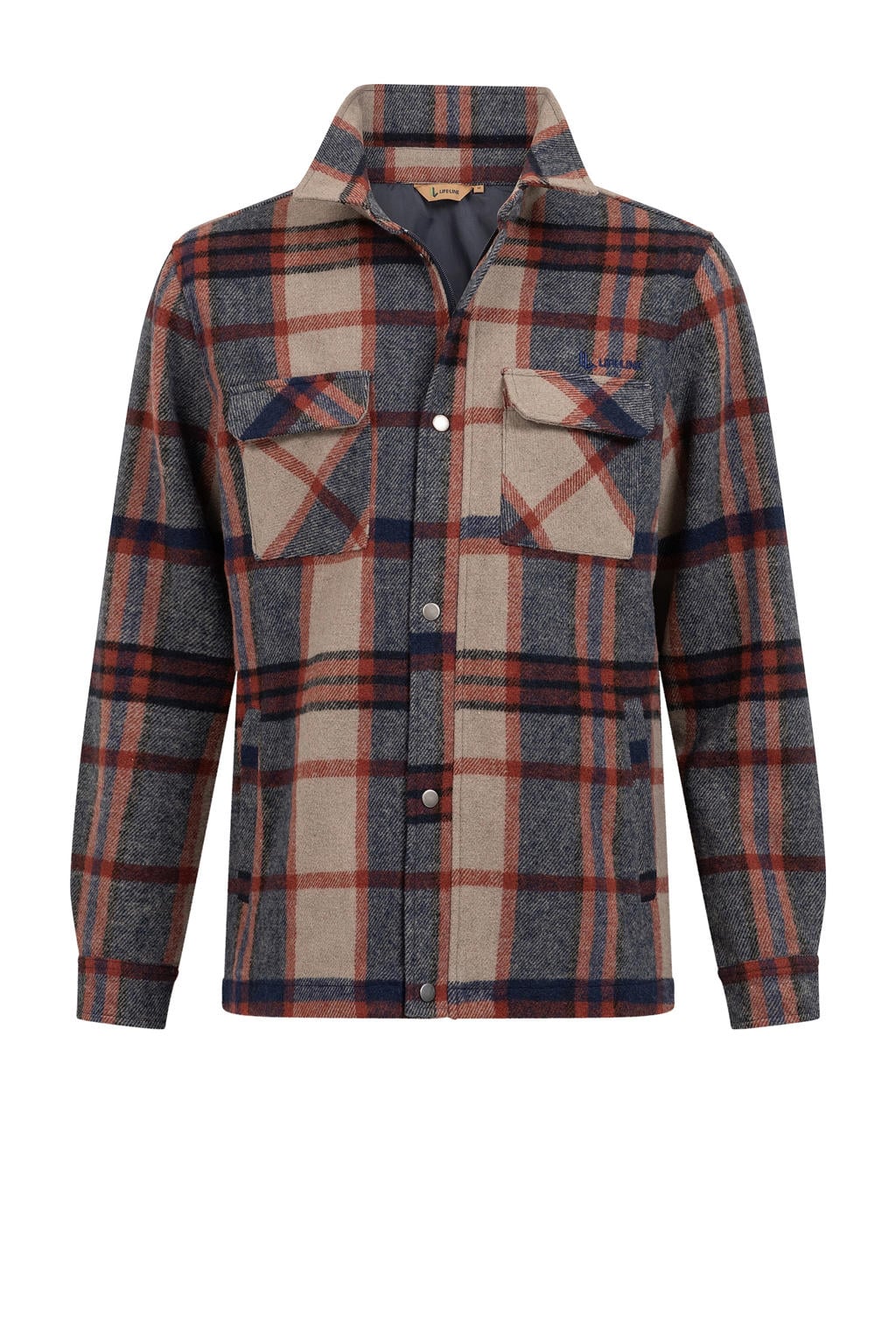 Donkerblauw en bruine heren Life-Line overshirt Paco van polyester met lange mouwen, klassieke kraag en rits- en drukknoopsluiting
