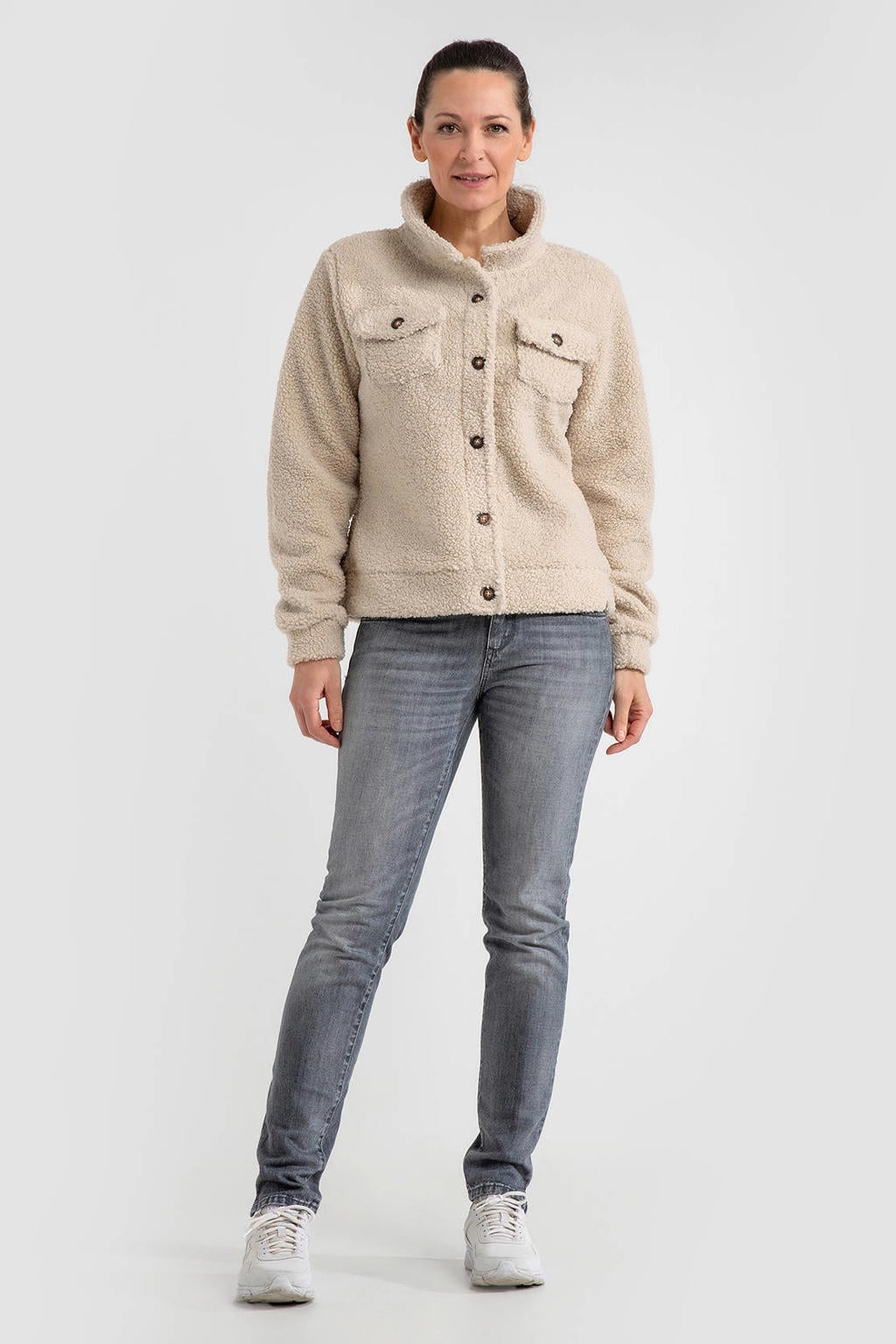 Beige dames Life-Line teddy jas Abby van polyester met lange mouwen, capuchon en knoopsluiting