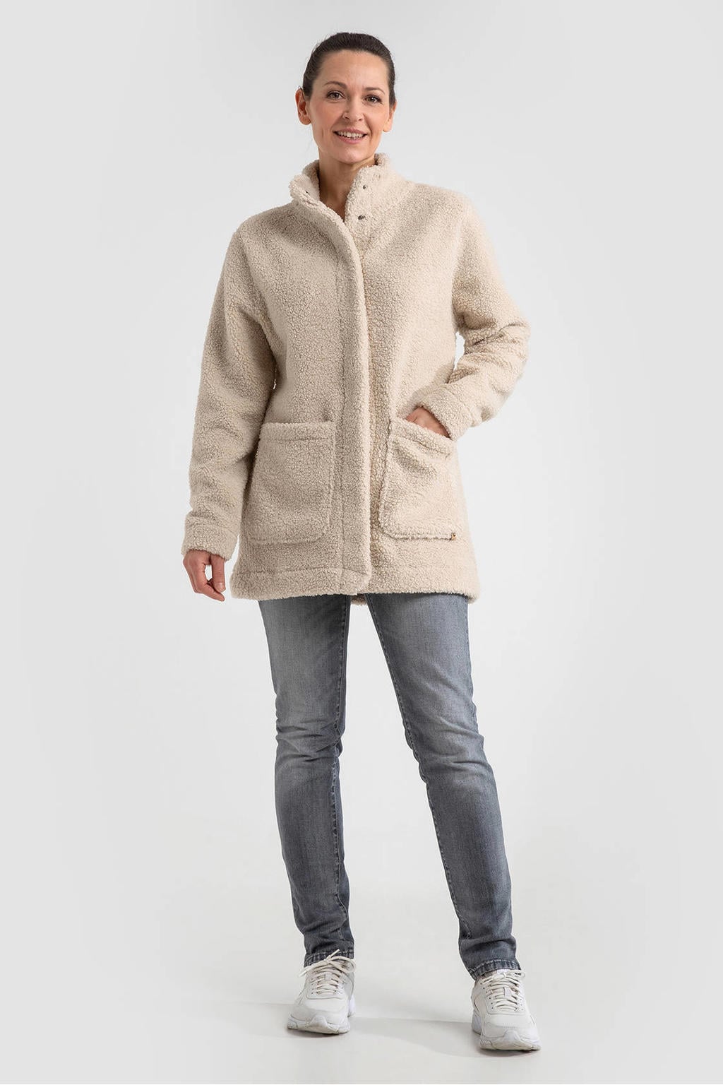 Beige dames Life-Line teddy jas Carmen van polyester met effen, lange mouwen, capuchon en knoopsluiting