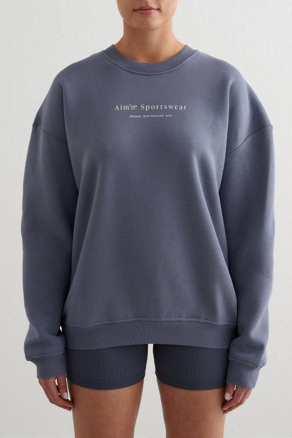 Grijsblauwe dames Aim'n Serif sportsweater blauw van katoen met lange mouwen en ronde hals