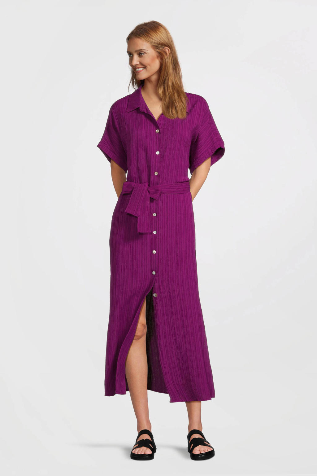 Violetkleurige dames Tramontana blousejurk van katoen met effen, korte mouwen, klassieke kraag, knoopsluiting en ceintuur